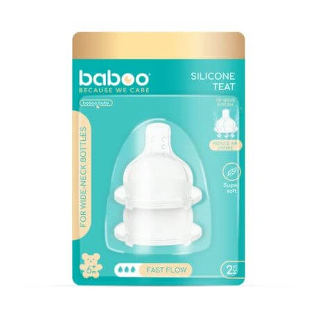 Siliconen anti-colische speen met 3 ventielen, Rapid flow, 6 maanden+, 2 stuks, Baboo