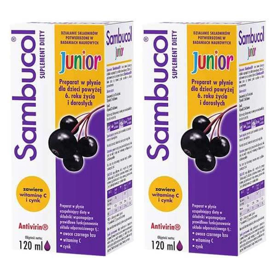 Set Sambucol Junior, vloeibaar voor kinderen vanaf 6 jaar en volwassenen, 2 x 120 ml