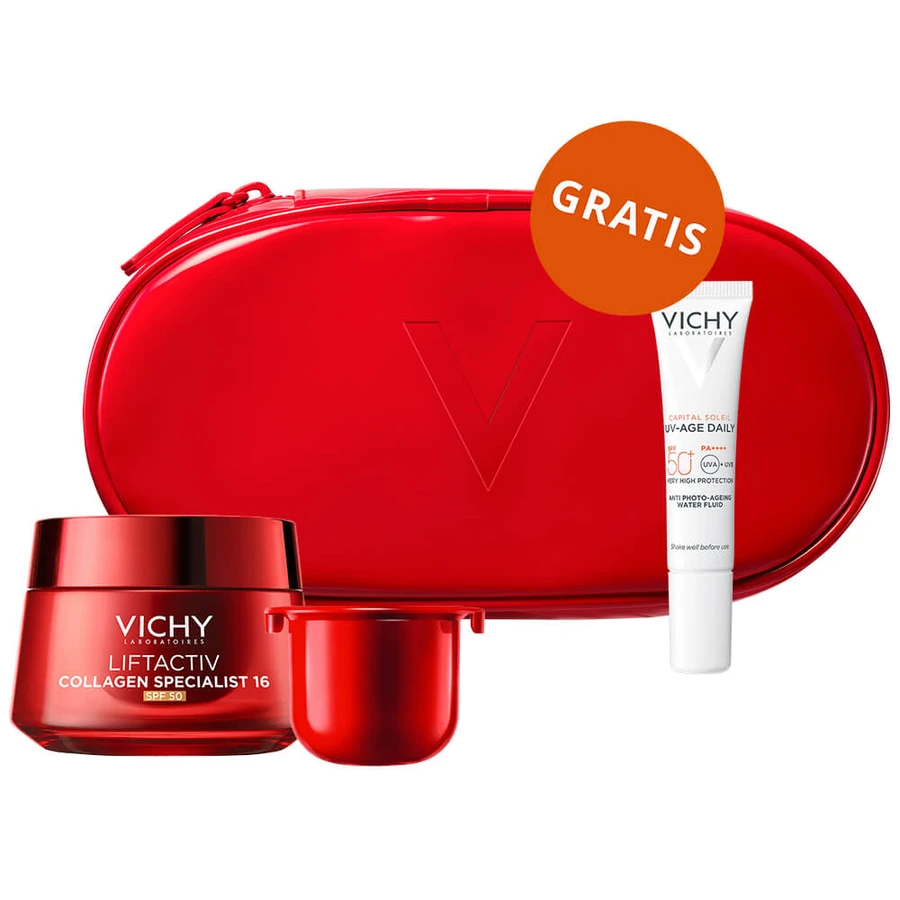 Set Vichy Liftactiv Collagen Specialist 16, Crema giorno, SPF 50, 50 ml + Crema viso, Stock, 50 ml + Fluido leggero SPF 50+, 15 ml + borsa cosmetica in omaggio