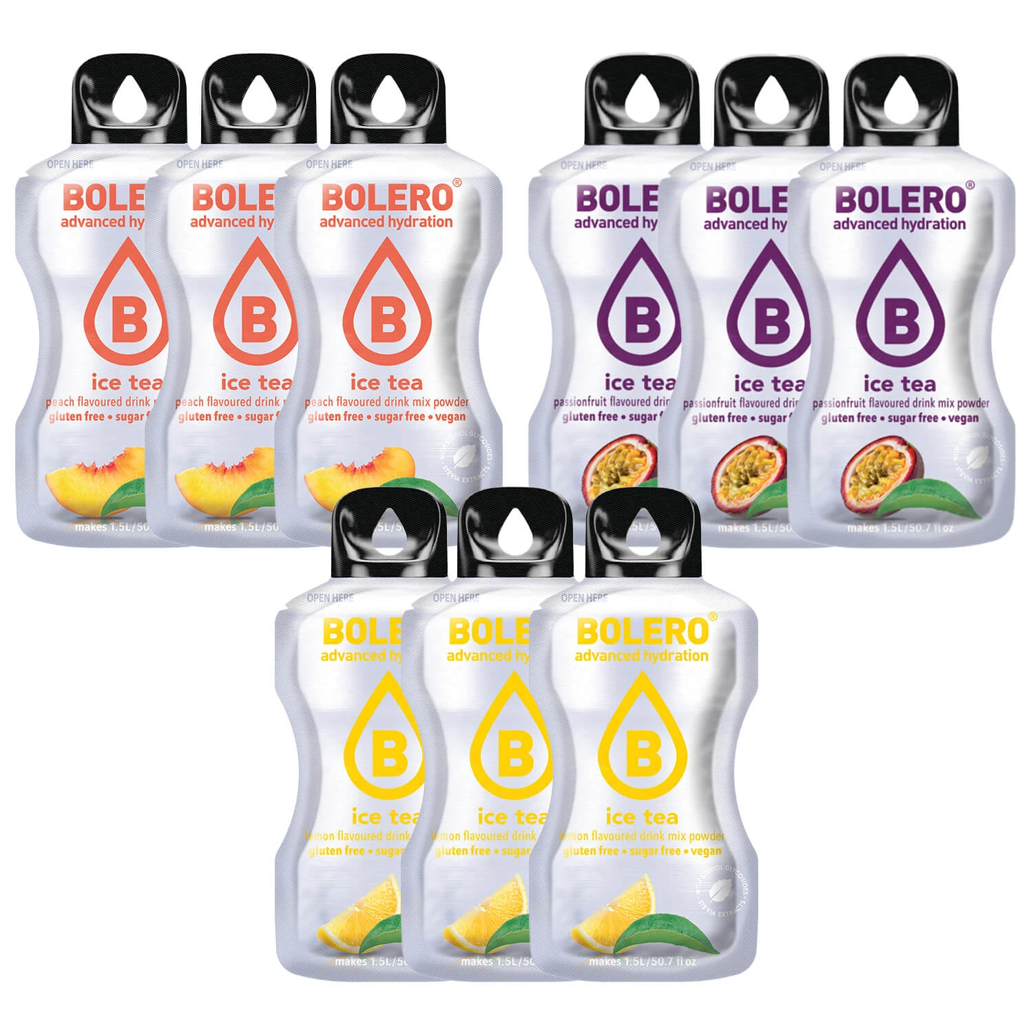 Set Bolero Ice Tea Perzik, drank in poedervorm, 3 x 8 g + Ice Tea Passie, 3 x 8 g + Ice Tea Citroen, 3 x 8 g