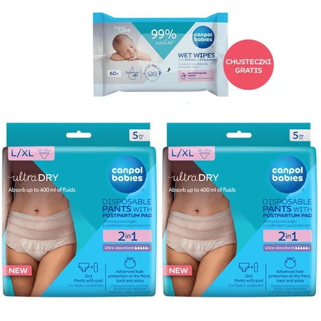 Zestaw Canpol Babies, oddychające majtki poporodowe 2w1, z podkładem, jednorazowe, rozmiar L/XL, 2 x 5 sztuk + chusteczki nawilżane, 60 sztuk gratis: ceny i cechy