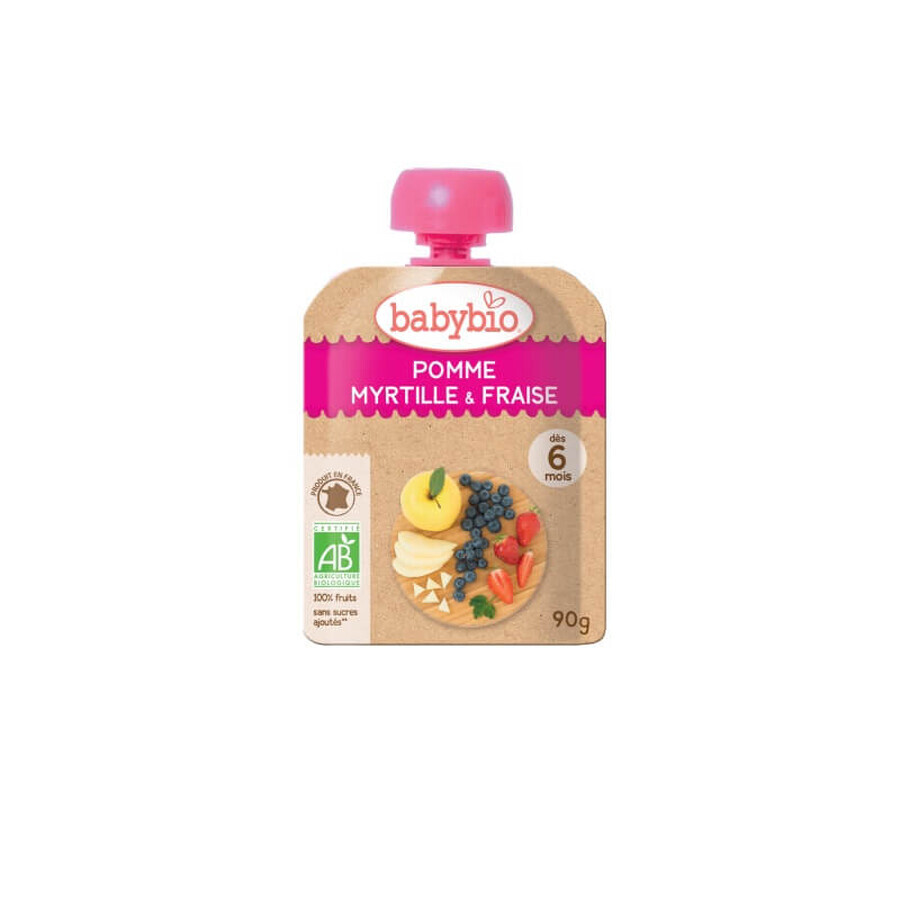 Zakje puree van appels, bosbessen en aardbeien, 90 gr, Babybio