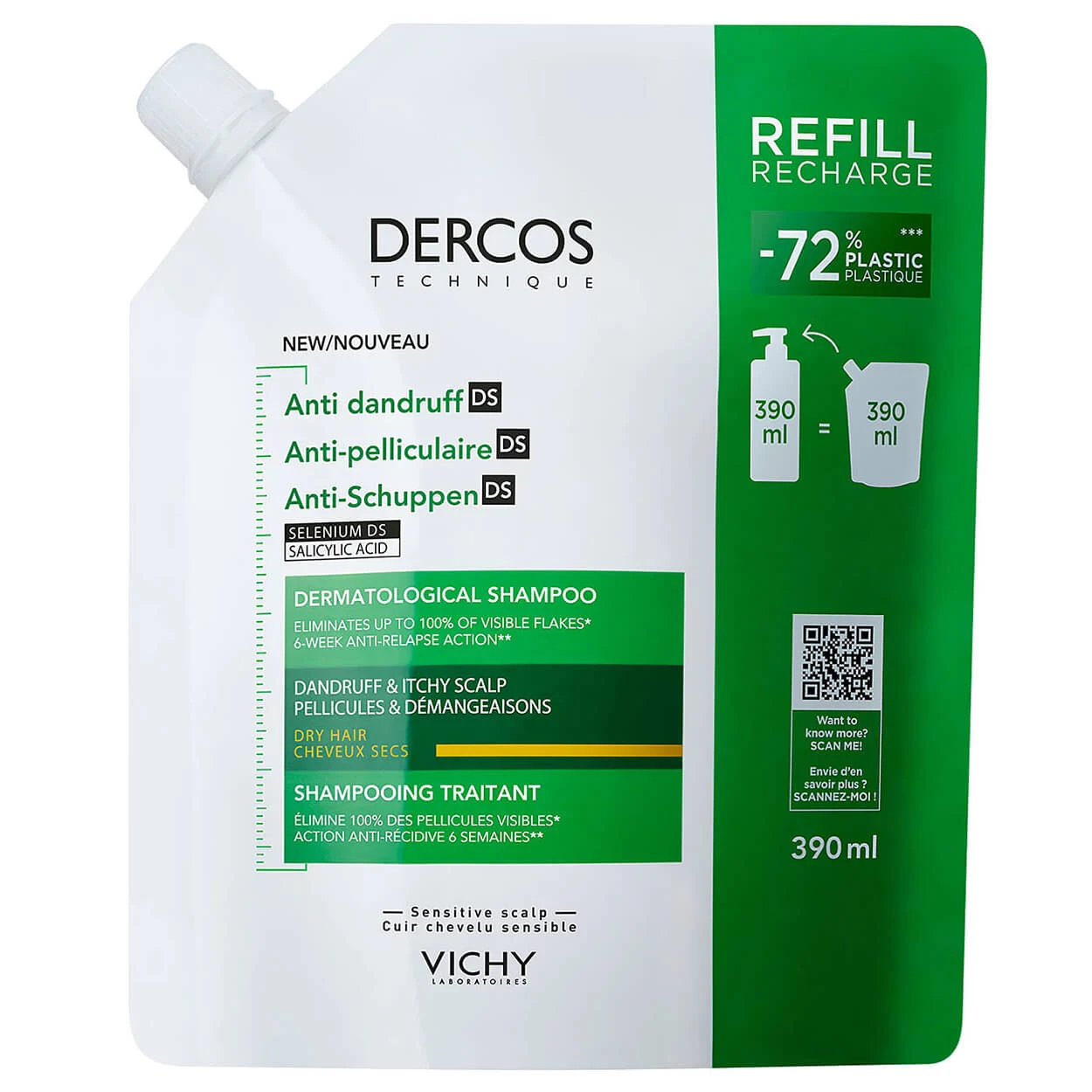 Vichy Dercos Anti Roos DS, antiroosshampoo, droog haar, reserve, 390 ml