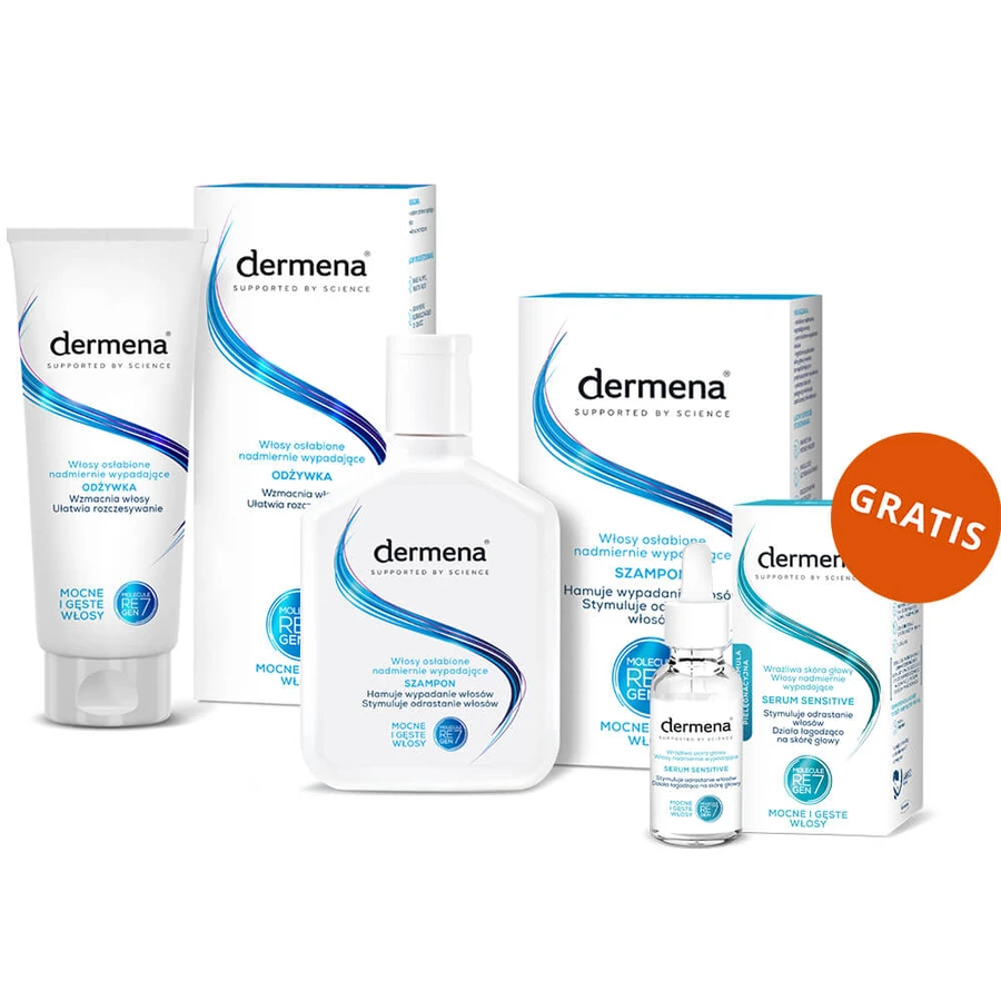 Set Dermena Cuidado Capilar, champú anticaída, 200 ml + acondicionador fortalecedor, 200 ml + sérum estimulante del crecimiento capilar, 50 ml gratis