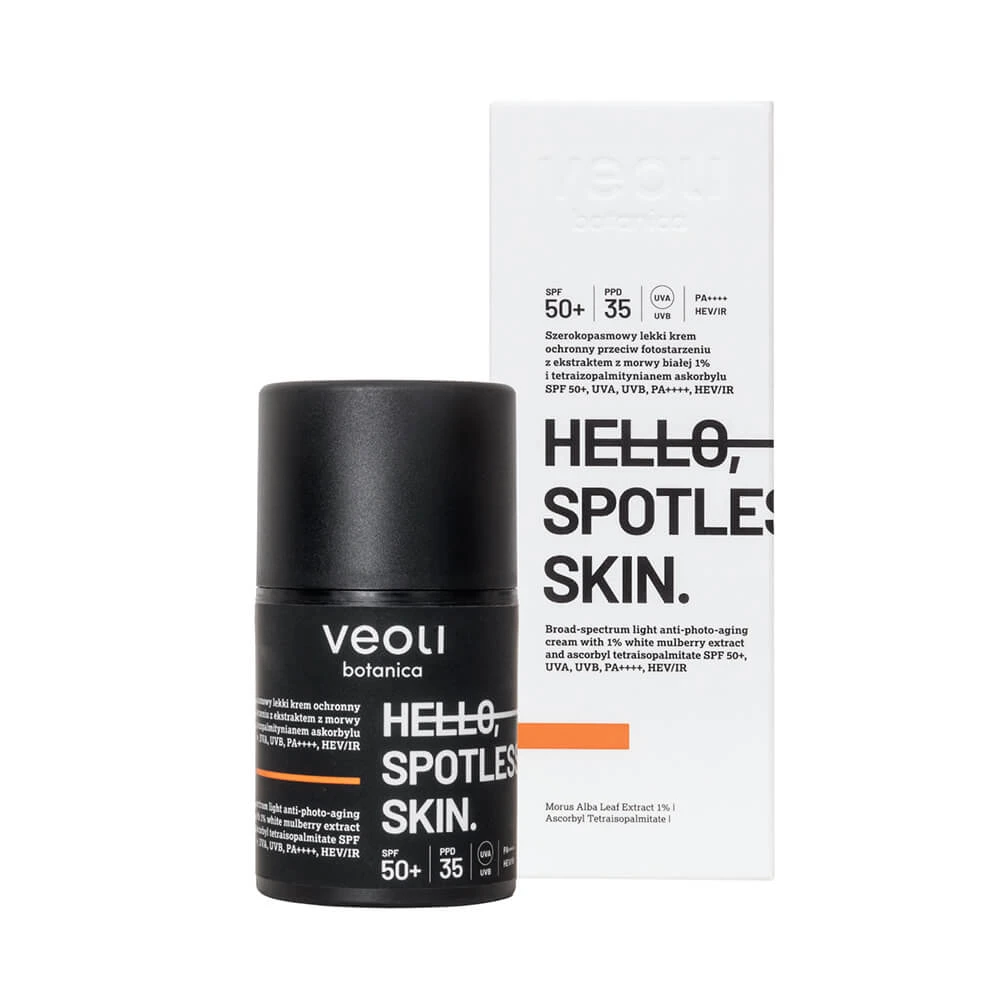 Veoli Botanica Hello, Vlekkeloze huid, breedspectrum lichtbeschermende crème tegen fotoveroudering, voor huid met hyperpigmentatie, SPF 50+, 50 ml