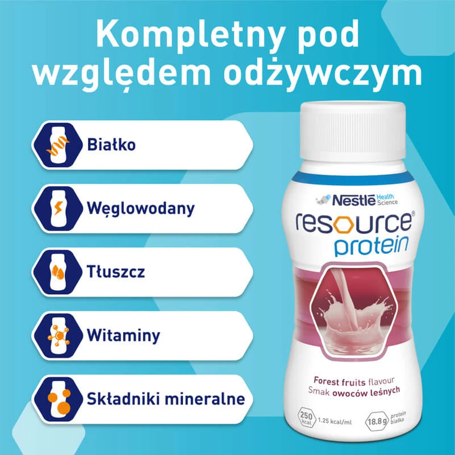 Kit Resource Proteína, preparado nutricional, sabor frutas del bosque, 8 x 200 ml + sabor fresa, 200 ml de regalo