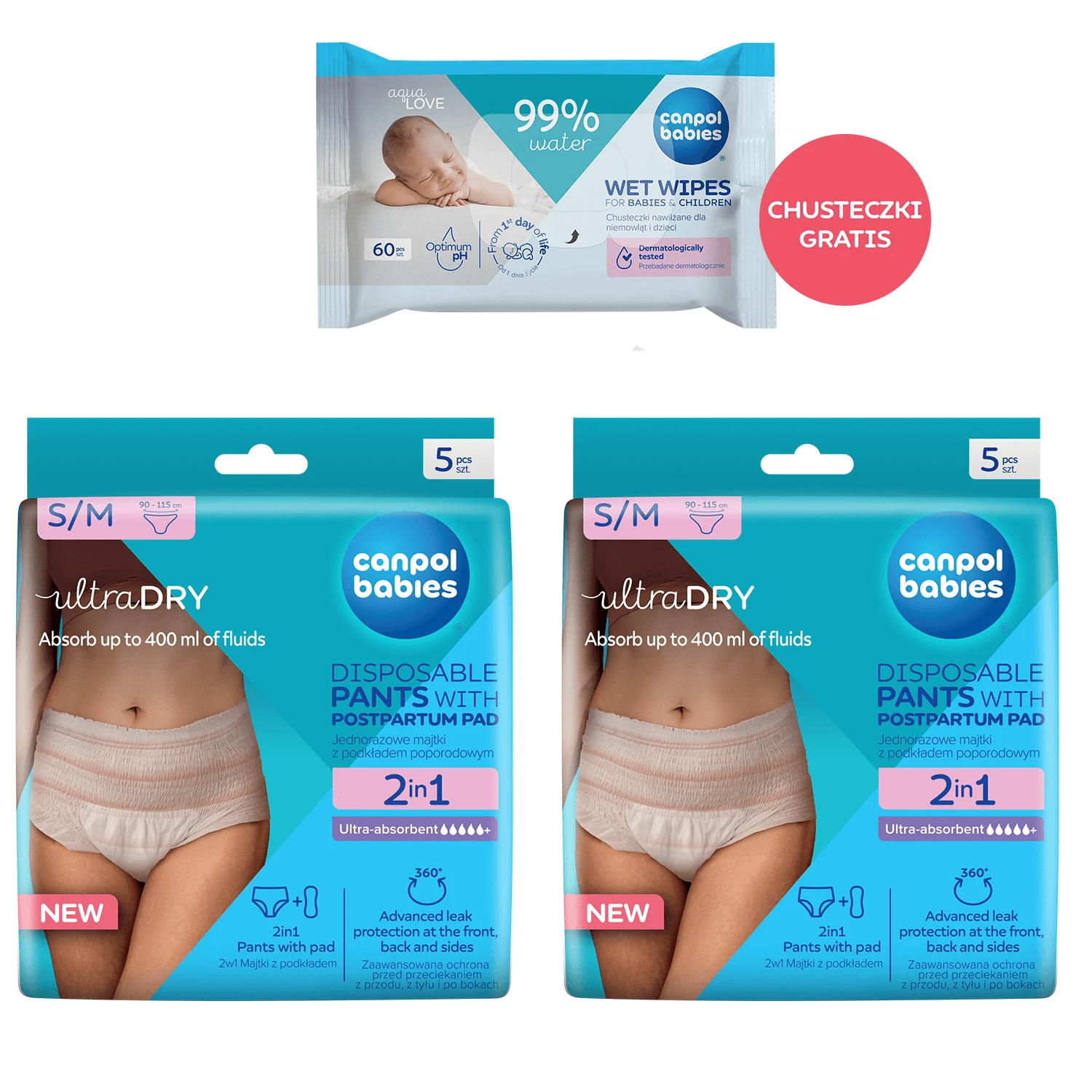 Canpol Babies set, 2-in-1 ademende postnatale slips, met kompres, wegwerp, maat S/M, 2 x 5 stuks + vochtige doekjes, 60 stuks gratis