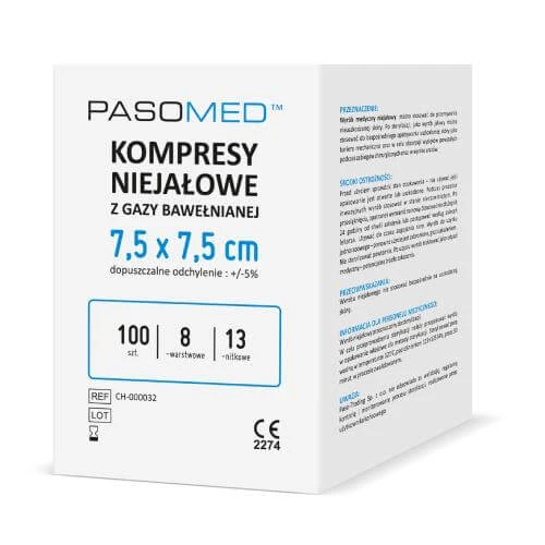 Pasomed niet-steriele, 8-laags, 17-draads kompressen 7,5 cm x 7,5 cm, 100 stuks