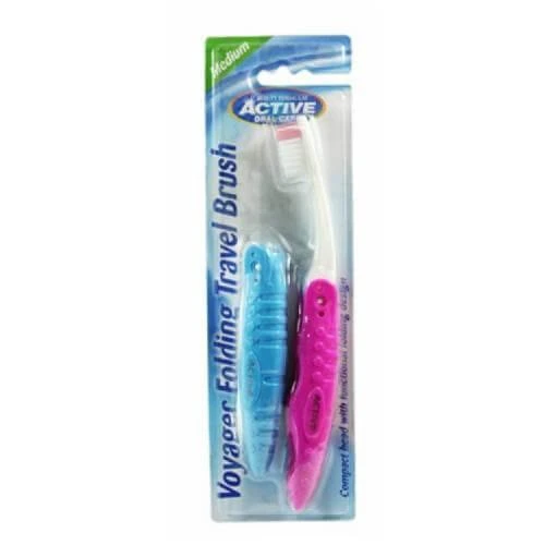 BEAUTY FORMULAS Active Oral Care opvouwbare reistandenborstel medium (paars/blauw), 2st