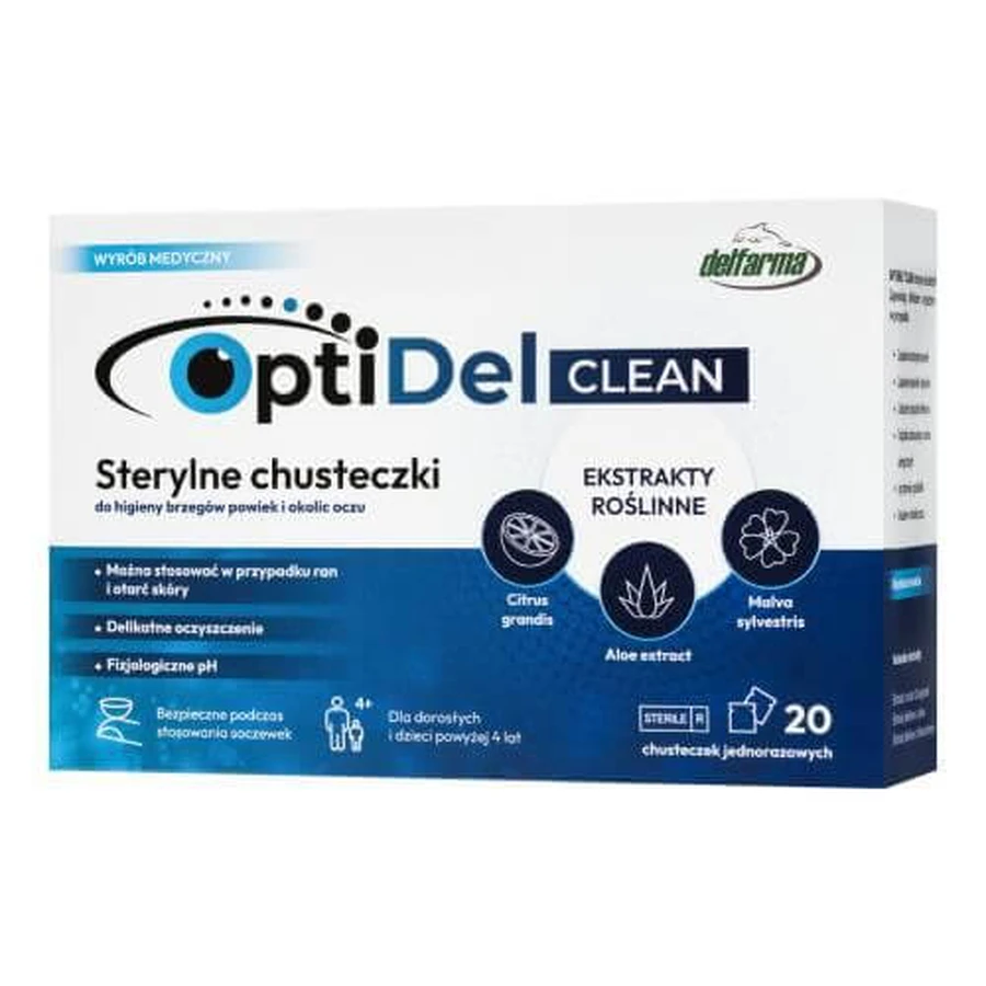 OptiDel Clean Toallitas estériles para la higiene de los márgenes de los párpados y la zona ocular, 20 uds.