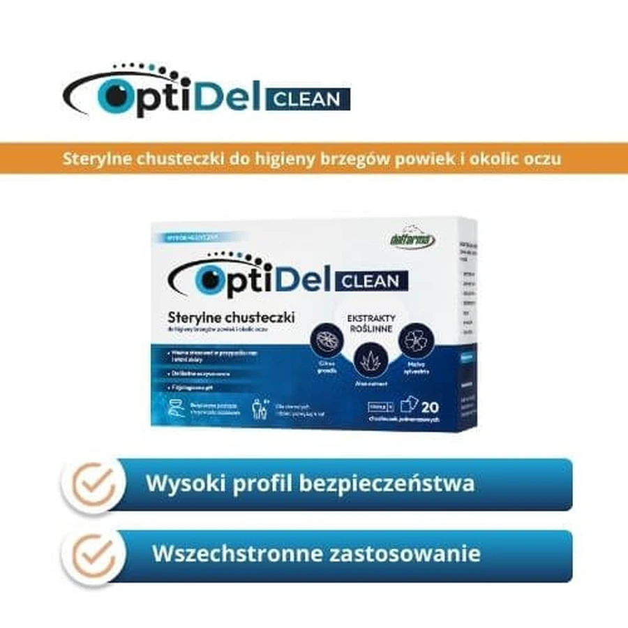 OptiDel Clean Toallitas estériles para la higiene de los márgenes de los párpados y la zona ocular, 20 uds.
