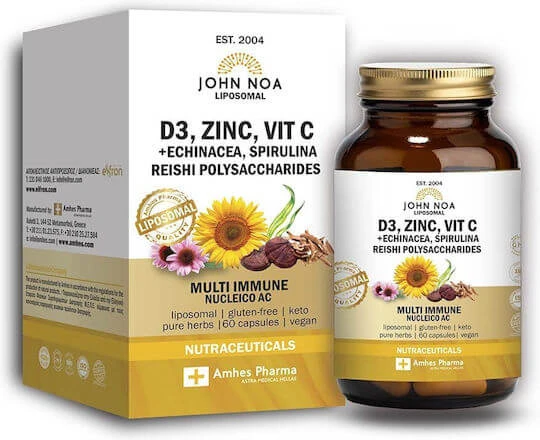John Noa Liposomaal D3, Zink, Vit C+Echinacea, Spirulina, Reishi Polysacchariden Immuunsysteem Versterkend Supplement 60 caps