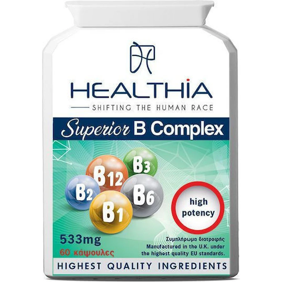 Healthia Complejo superior de vitaminas B para reforzar la energía, el sistema inmunitario y el sistema nervioso 533 mg Vitaminas 60 cáps.