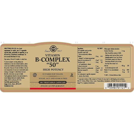 Solgar B-Komplex "50" Vitamin für Energie, Immun- und Nervensystem Stärkung 50mg 50 Gemüsekapseln