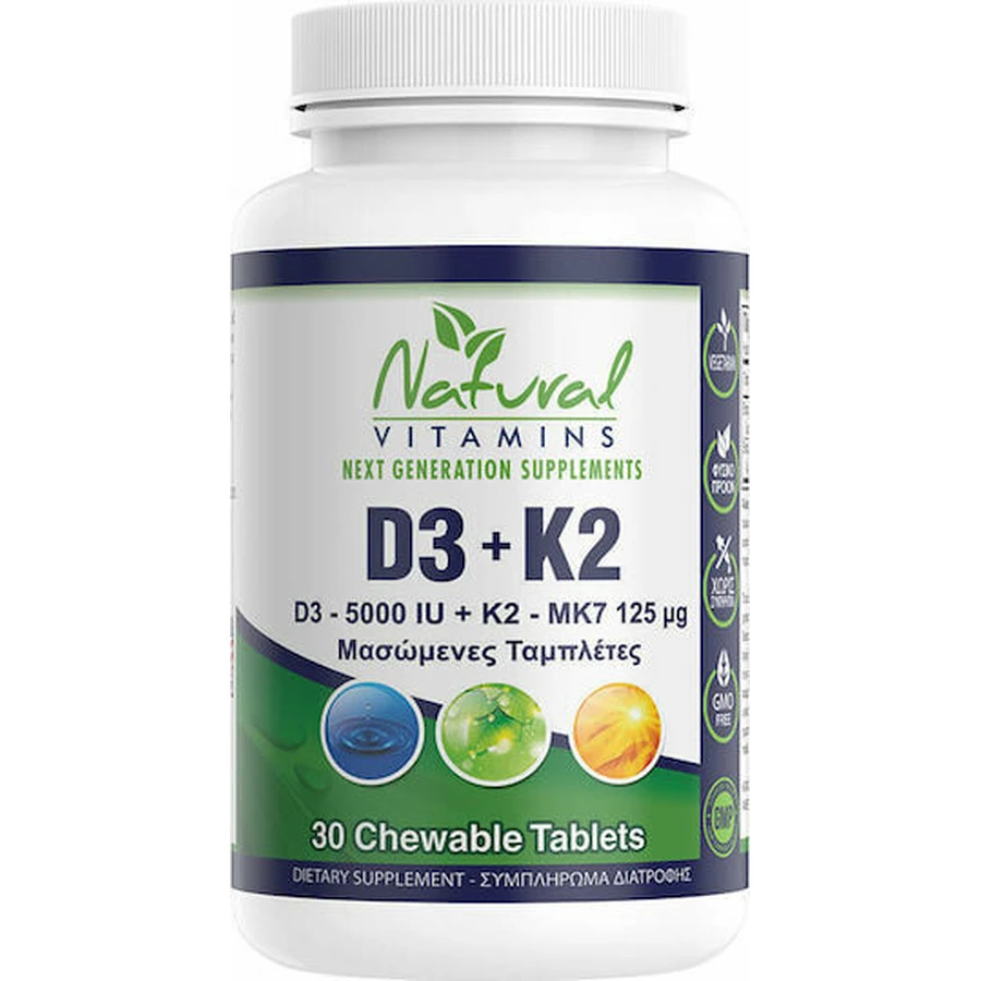 Natuurlijke Vitaminen D3 D3 5000IU + K2 125μg Vitamine voor Versterking Immuunsysteem & Egezondheid 30 kauwtabletten