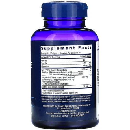 Life Extension Super Omega-3 Estratto di frutta EPA/DHA Olio di pesce con lignani di sesamo ed estratto di frutta di oliva 60 softgel non aromatizzate