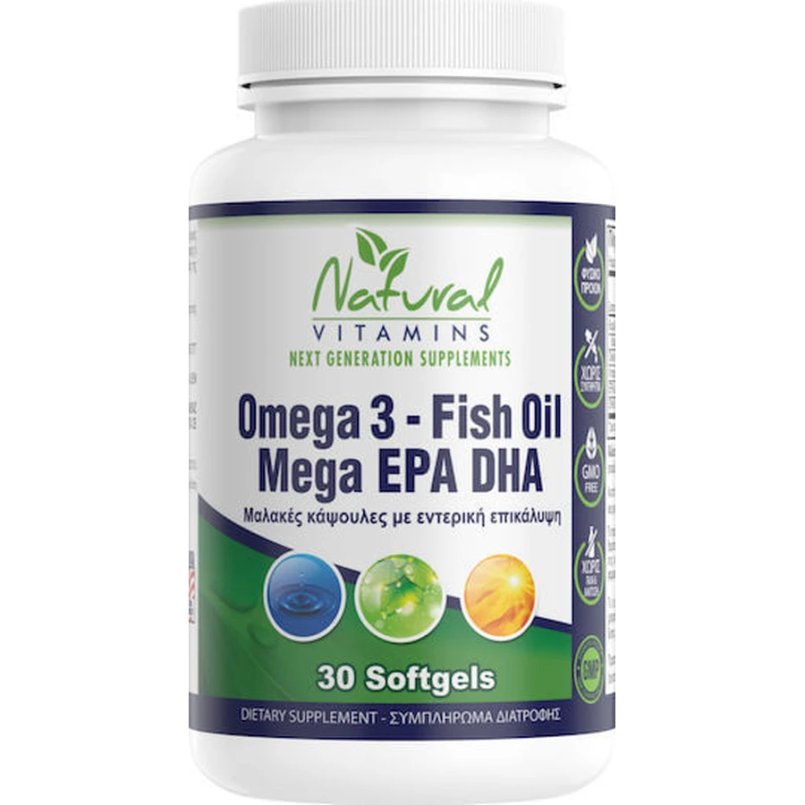 Natural Vitamins Omega 3 Fish Oil Mega EPA DHA Olej z ryb 1000mg 30 kapsułek bezsmakowych: ceny i cechy