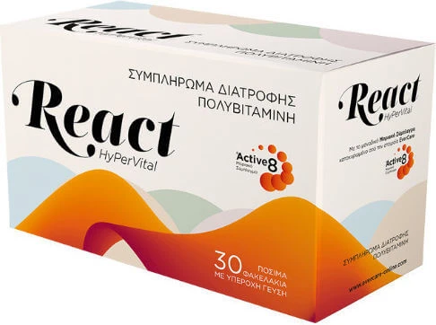 Evercare React HyPerVital Multivitamine voor Energie, Versterking van het Immuunsysteem & het Zenuwstelsel 30 sachets