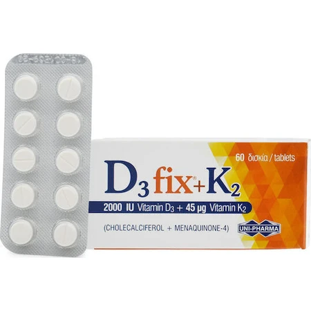 UNI-PHARMA D3 Fix + K2 Vitamine pour le Renforcement du Système Immunitaire et la Santé des Œufs 2000iu 45mcg 60 Comprimés