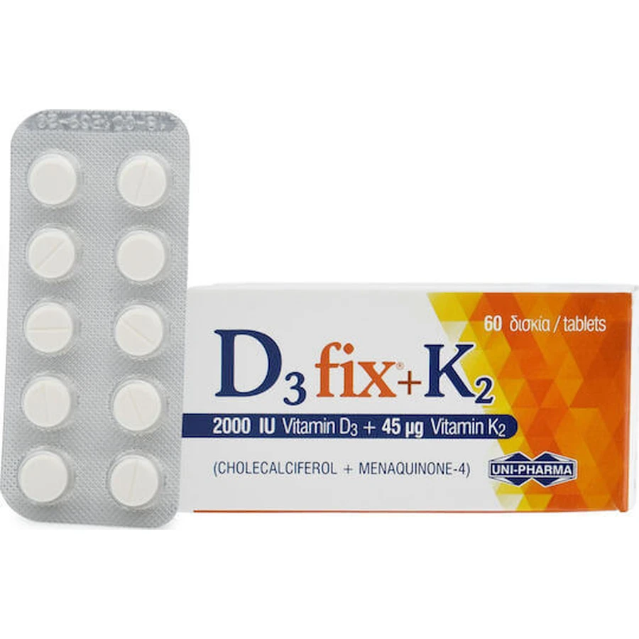 UNI-PHARMA D3 Fix + K2 Vitamine pour le Renforcement du Système Immunitaire et la Santé des Œufs 2000iu 45mcg 60 Comprimés