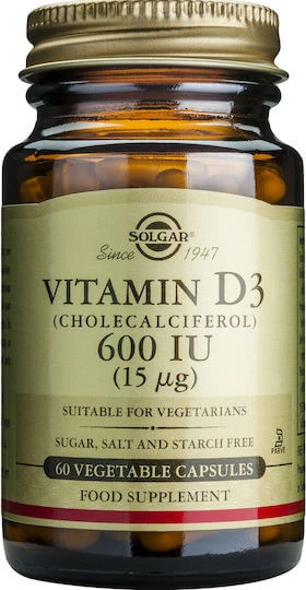 Solgar Vitamine D3 (Cholecalciferol) Vitamine voor versterking van het immuunsysteem & ei-gezondheid 600iu 15mg 60 plantaardige capsules