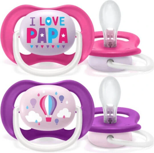 Philips Ultra Air Silicone orthodontische fopspeen met zakje Ik hou van papa - Roze-Mov voor 6-18 maanden 2st