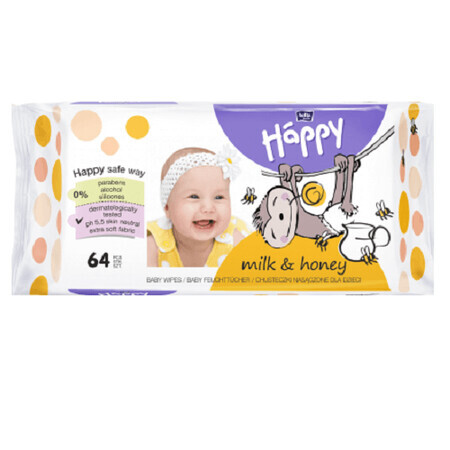 Wet napkins Milk &amp; Honey, +0 months, 64 pieces, Happy