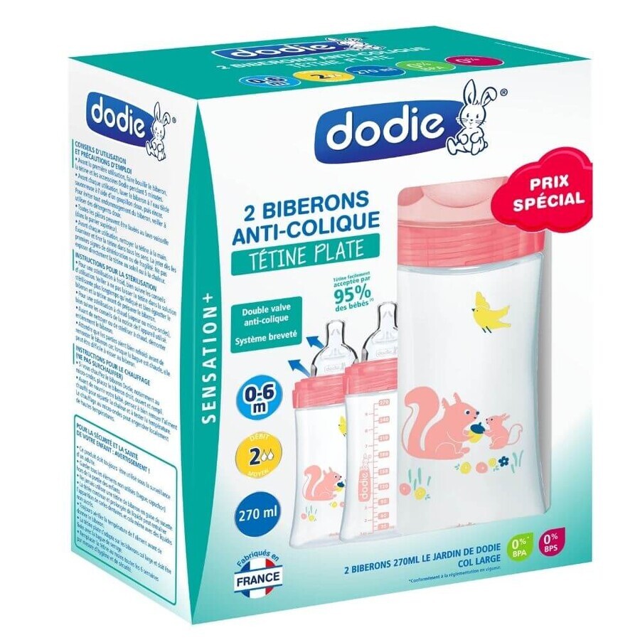 Lot de 2 biberons avec fonction sensorielle et tétine plate anti-colique Flow 3, Garden, 2x270 ml, 0-6 mois, Dodie