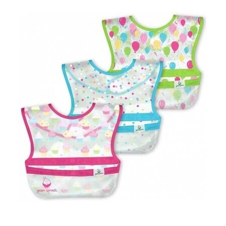 Set di 3 bavaglini impermeabili con tasca reversibile, Cupcakes rosa, Germogli verdi