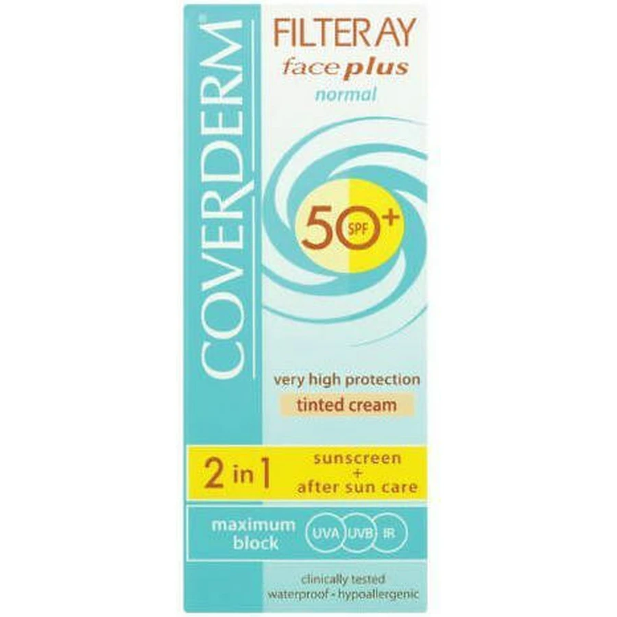 Coverderm Filteray Plus 2 w 1 Wodoodporny krem przeciwsłoneczny do twarzy z delikatnym brązowym pigmentem dla skóry normalnej SPF50 50ml: ceny i cechy
