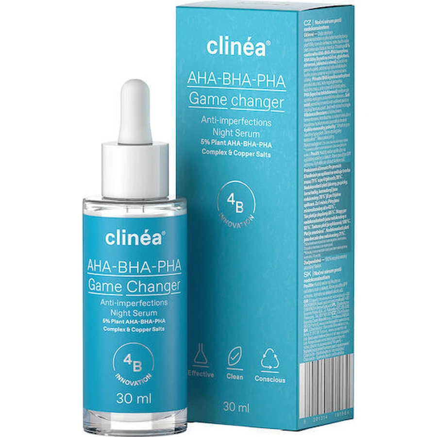 Clinea AHA-BHA-PHA Game Changer Anti-imperfections Serum Anti-îmbătrânire Pentru Față cu AHA și Colagen pentru Tonifiere și Imperfecțiuni 30ml