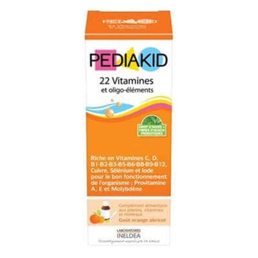 Jarabe con 22 Vitaminas y Oligoelementos sabor naranja y albaricoque, 250 ml, Pediakid