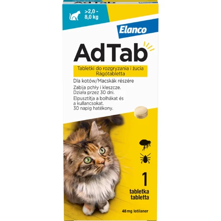AdTab 48 mg voor katten tegen vlooien en teken (2-8 kg), 1 kauwtablet