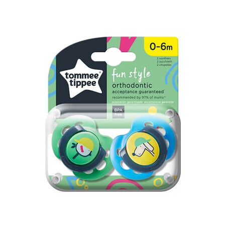 Sucette orthodontique diurne oiseau/chien, 0-6 mois, 2 pièces, Tommee Tippee