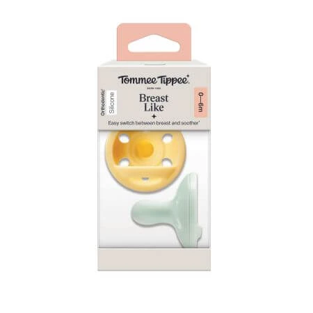 Siliconen orthodontische fopspeen Borst als fopspeen, Geel/Mintgroen, 0-6 maanden, 2 stuks, Tommee Tippee