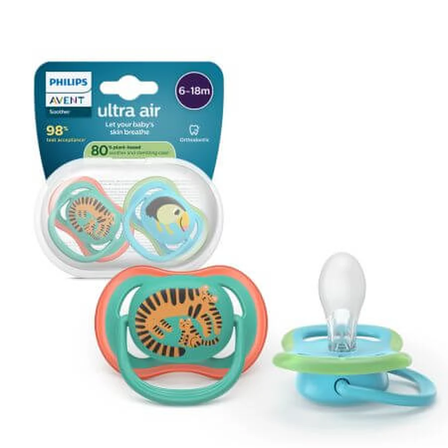 Philips Avent Ultra Air Chupete, Loro/Tigre, 6-18 meses, SCF087/11, 2 piezas, Philips