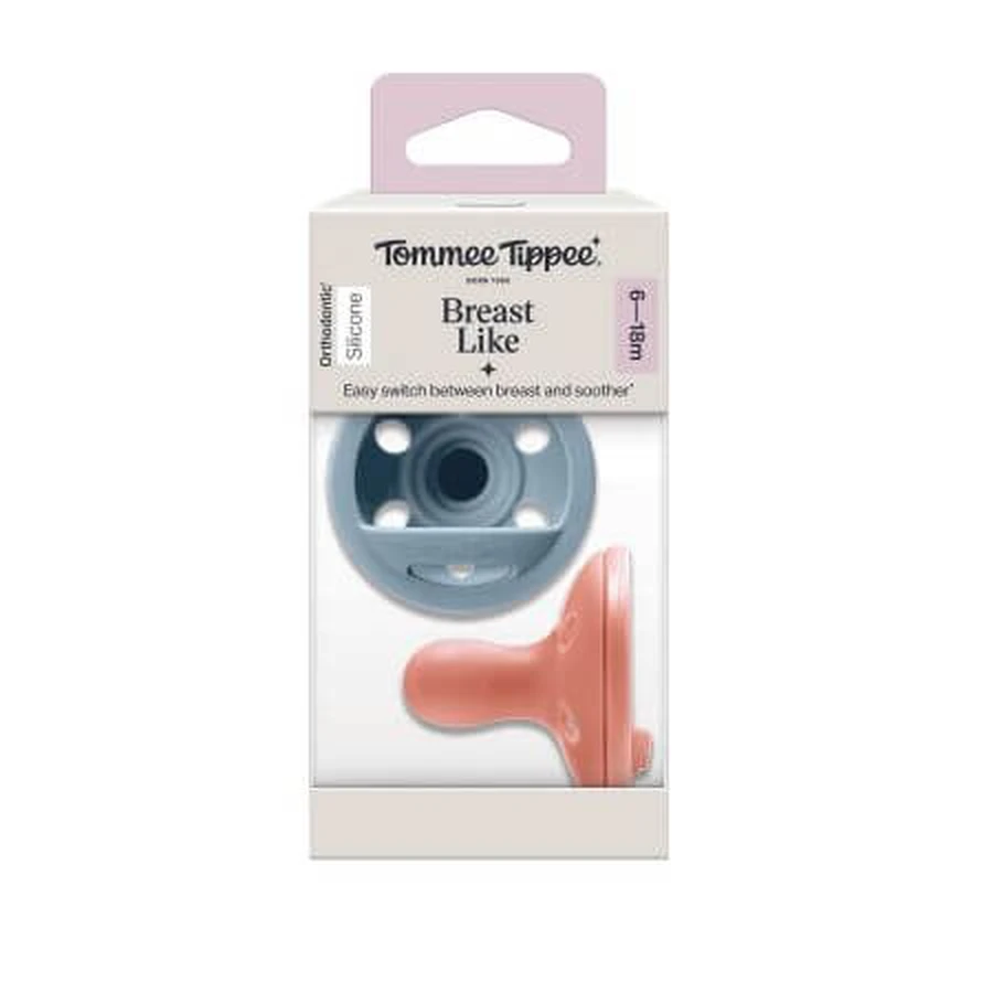 Sucette orthodontique en silicone, Orange/Bleu, 6-18 mois, 2 pièces, Tommee Tippee