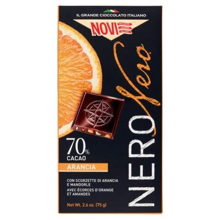 Extra pure chocolade met 70% cacao, geroosterde sinaasappelschil en amandelen, 75 g, Novi