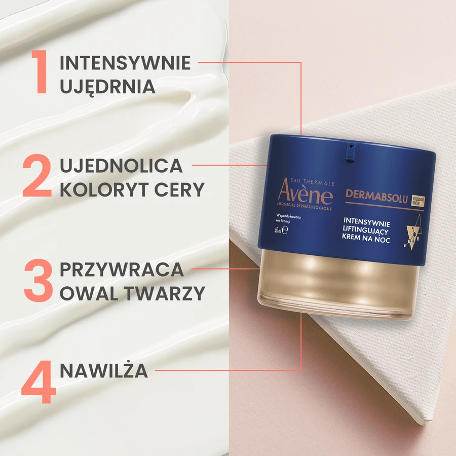Zestaw Avene Dermabsolu Zaawansowana pielęgnacja ujędrniająca, liftingujący krem na noc, 40 ml + krem wypełniający kontur oka, 15 ml + serum przywracające kontur twarzy, 30 ml: ceny i cechy