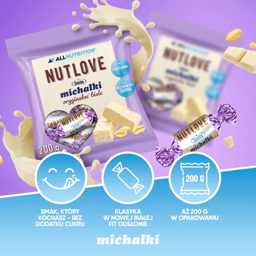 Allnutrition Nutlove Śnieżka Michałki Białe, snoepjes met pinda's in een wit glazuur, geen toegevoegde suiker, 200 g
