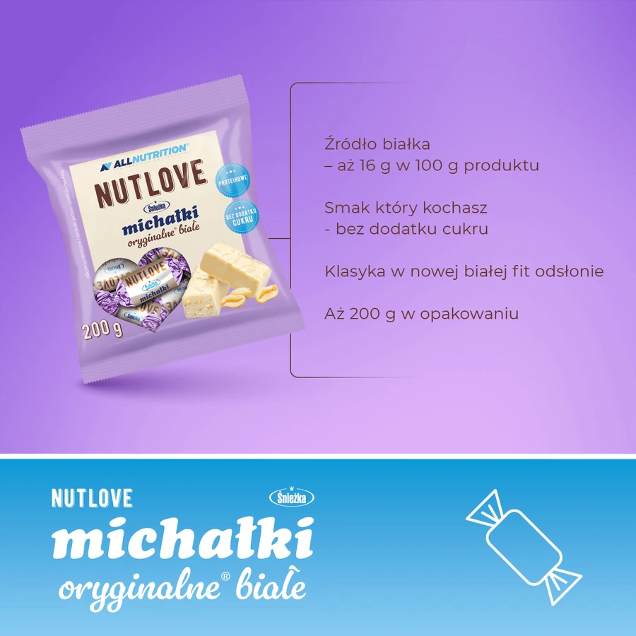 Allnutrition Nutlove Śnieżka Michałki Białe, snoepjes met pinda's in een wit glazuur, geen toegevoegde suiker, 200 g