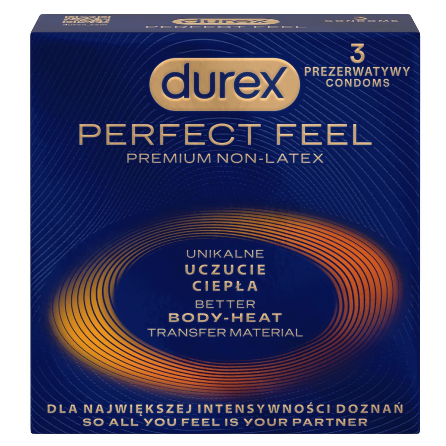 Durex Perfect Feel Premium Non-Latex, preservativos sin látex, sensación única de calor, 3 unidades