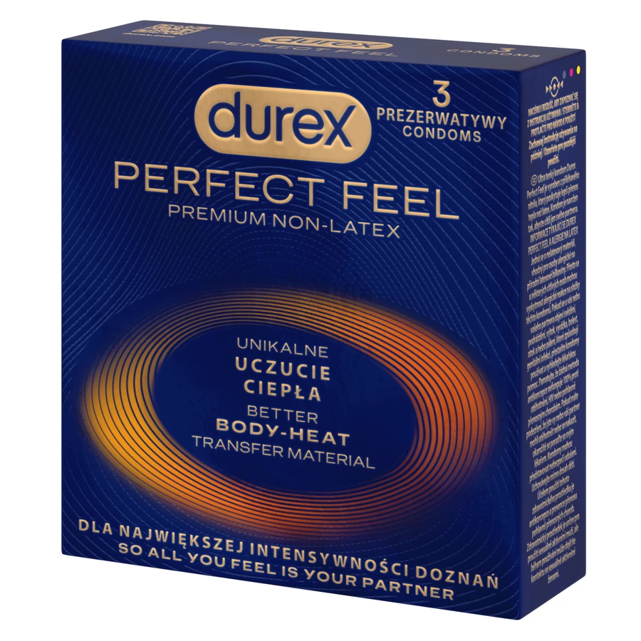 Durex Perfect Feel Premium Non-Latex, preservativos sin látex, sensación única de calor, 3 unidades
