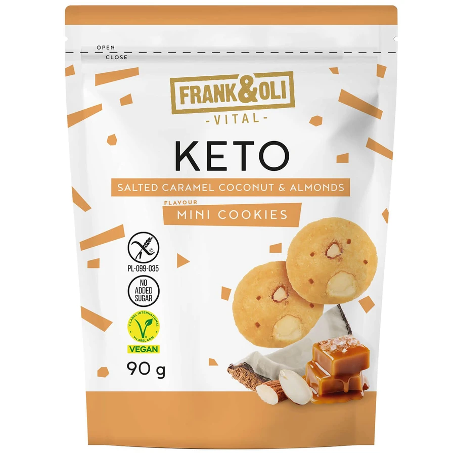 Frank&Oli Keto, mini biscotti al caramello salato, cocco e mandorle, 90 g