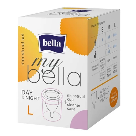 My Bella, Day & Night Menstruationstasse, transparent, Größe L + Desinfektionsbehälter
