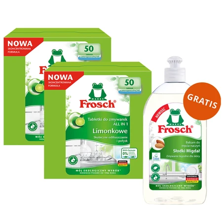 Frosch Set, Spülmaschinentabs, All in One, Limette, 2 x 50 Stück + Spülmittel, Mandel, 500 ml gratis