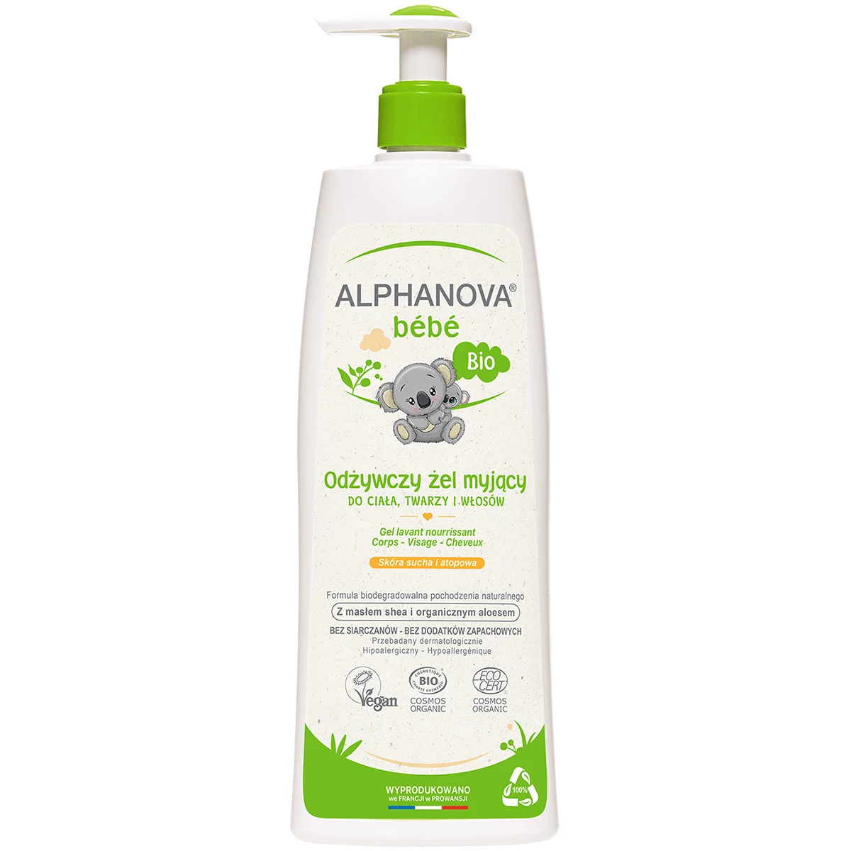 Alphanova Bebe, voedende reinigingsgel voor lichaam, gezicht en haar Bio, droge en atopische huid, 500 ml