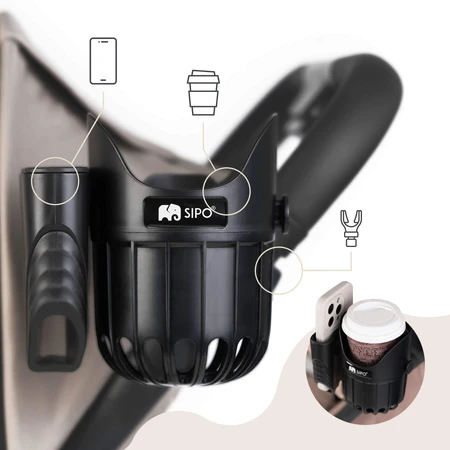 Sipo, universele beker- en telefoonhouder 2in1 voor kinderwagen, zwart, 1 st