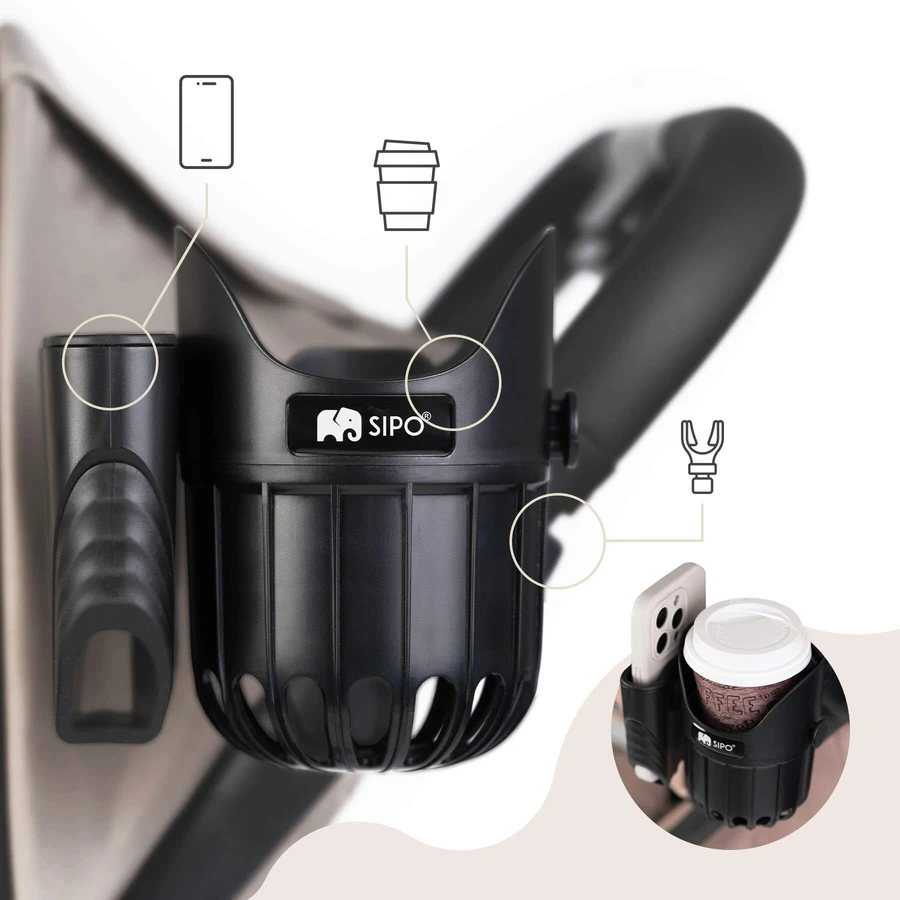 Sipo, universele beker- en telefoonhouder 2in1 voor kinderwagen, zwart, 1 st