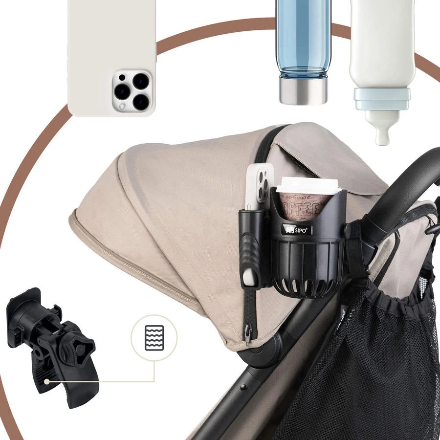 Sipo, universele beker- en telefoonhouder 2in1 voor kinderwagen, zwart, 1 st